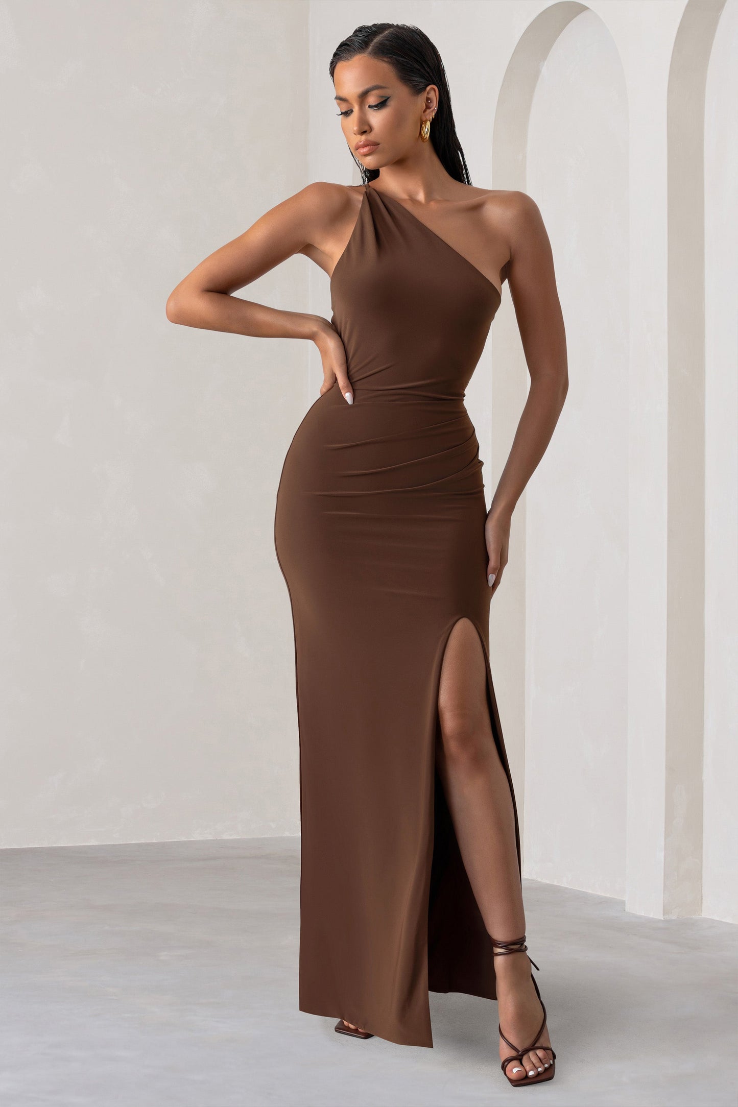 Dressing Up | Chocolate Brown One Shoulder Maxi Dress With Open Back Detail