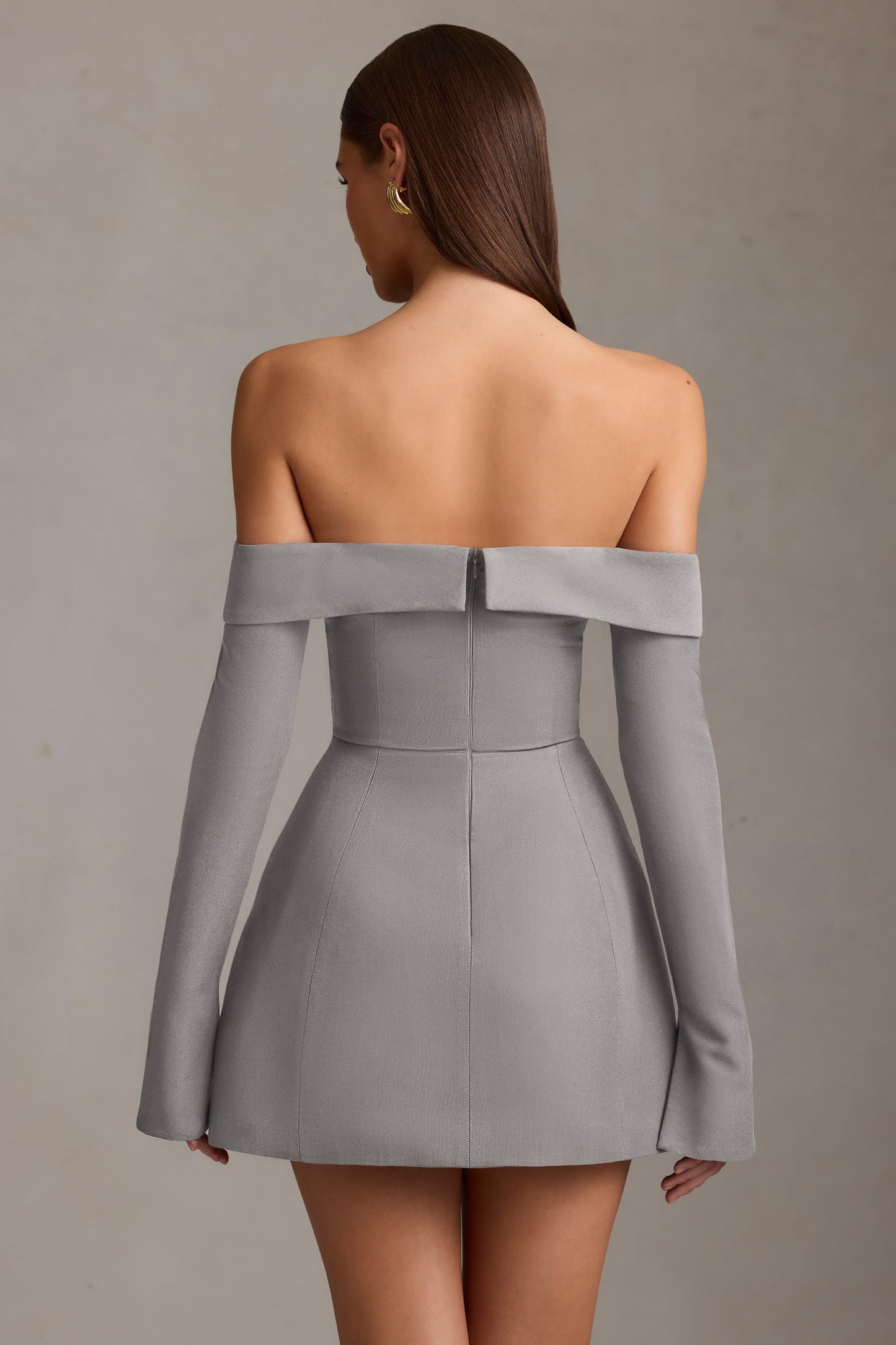 Off-Shoulder Structured A-Line Mini Dress in Grey