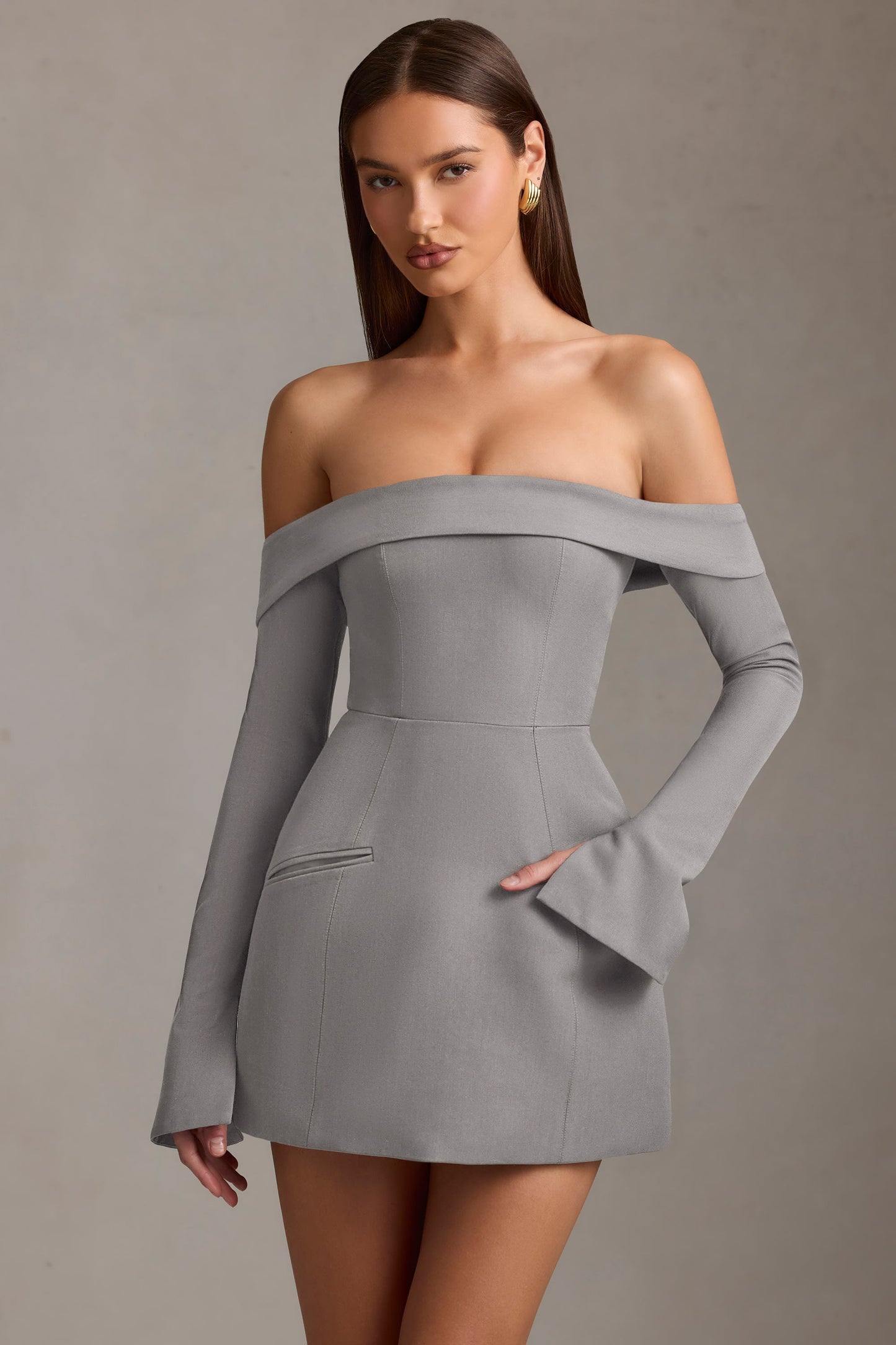 Off-Shoulder Structured A-Line Mini Dress in Grey