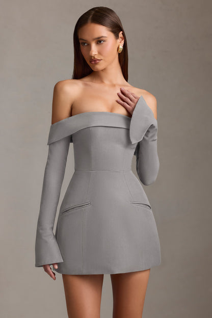 Off-Shoulder Structured A-Line Mini Dress in Grey