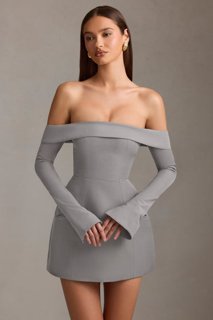 Off-Shoulder Structured A-Line Mini Dress in Grey